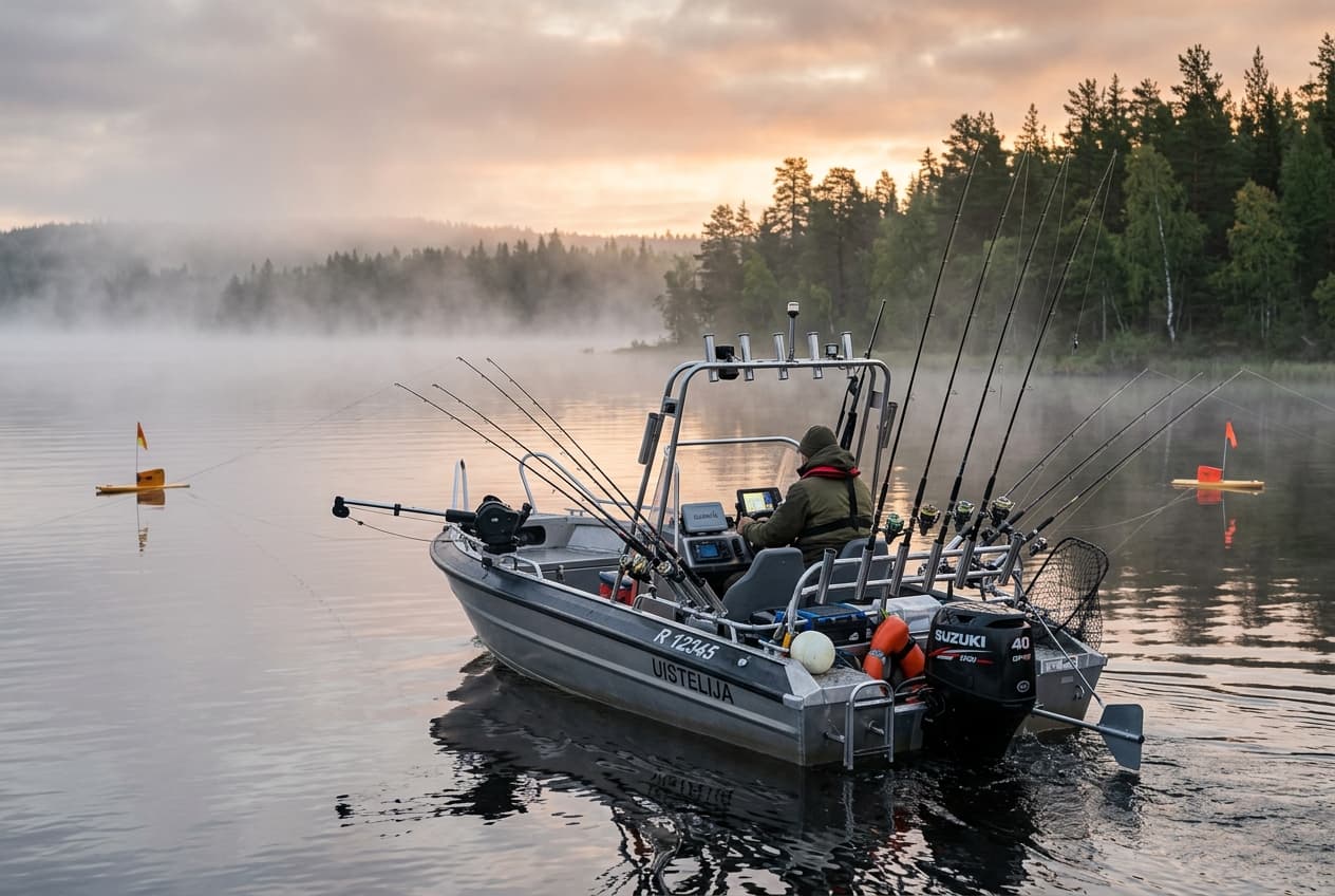 Varusteltu uisteluvene plaanareineen ja vapatelineineen aamusumussa järvellä