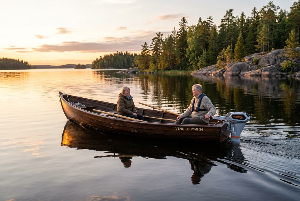 Soutuvene sähköperämoottorilla tyynellä järvenselällä auringonlaskussa