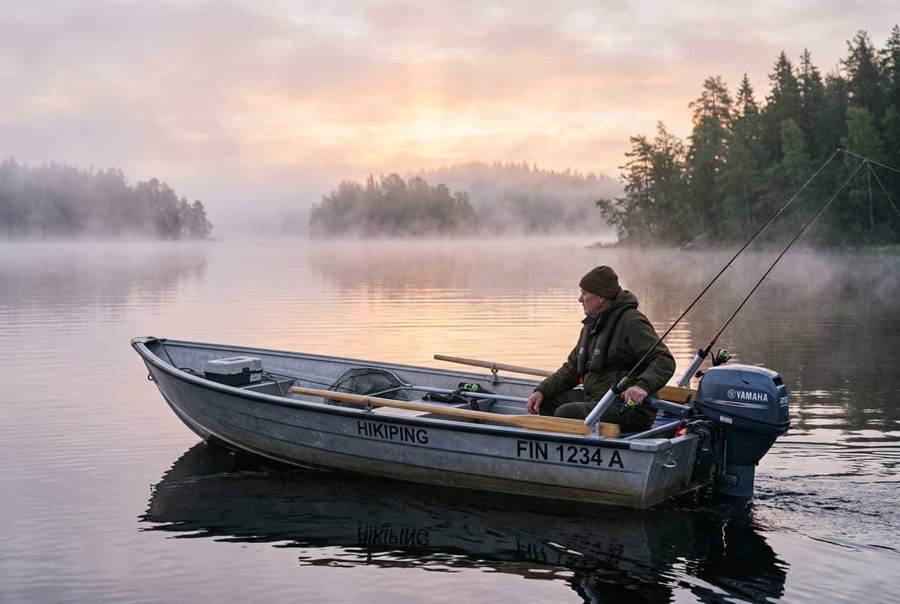 Pieni heittokalastusvene ja kalastaja järvellä usvassa